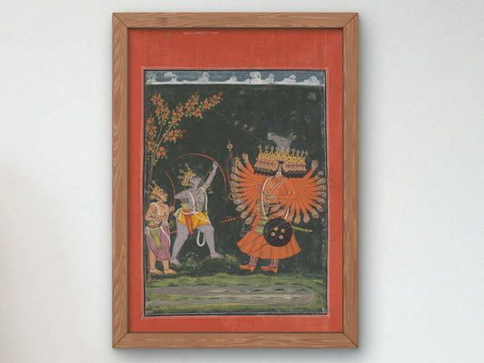 Rama and Lakshmana Fighting Ravana from a Dashavatara Series by Unknown Indian Artist 1765, Wall Art Print, Fine Art Reproduction