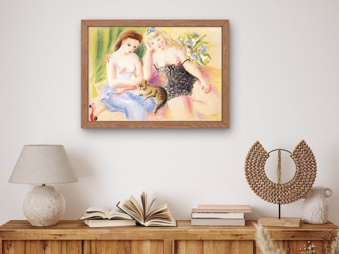 Two Women and a Cat by Ofelia Marques, Wall Art Print, Fine Art Reproduction, Museum Quality Decor, Poster