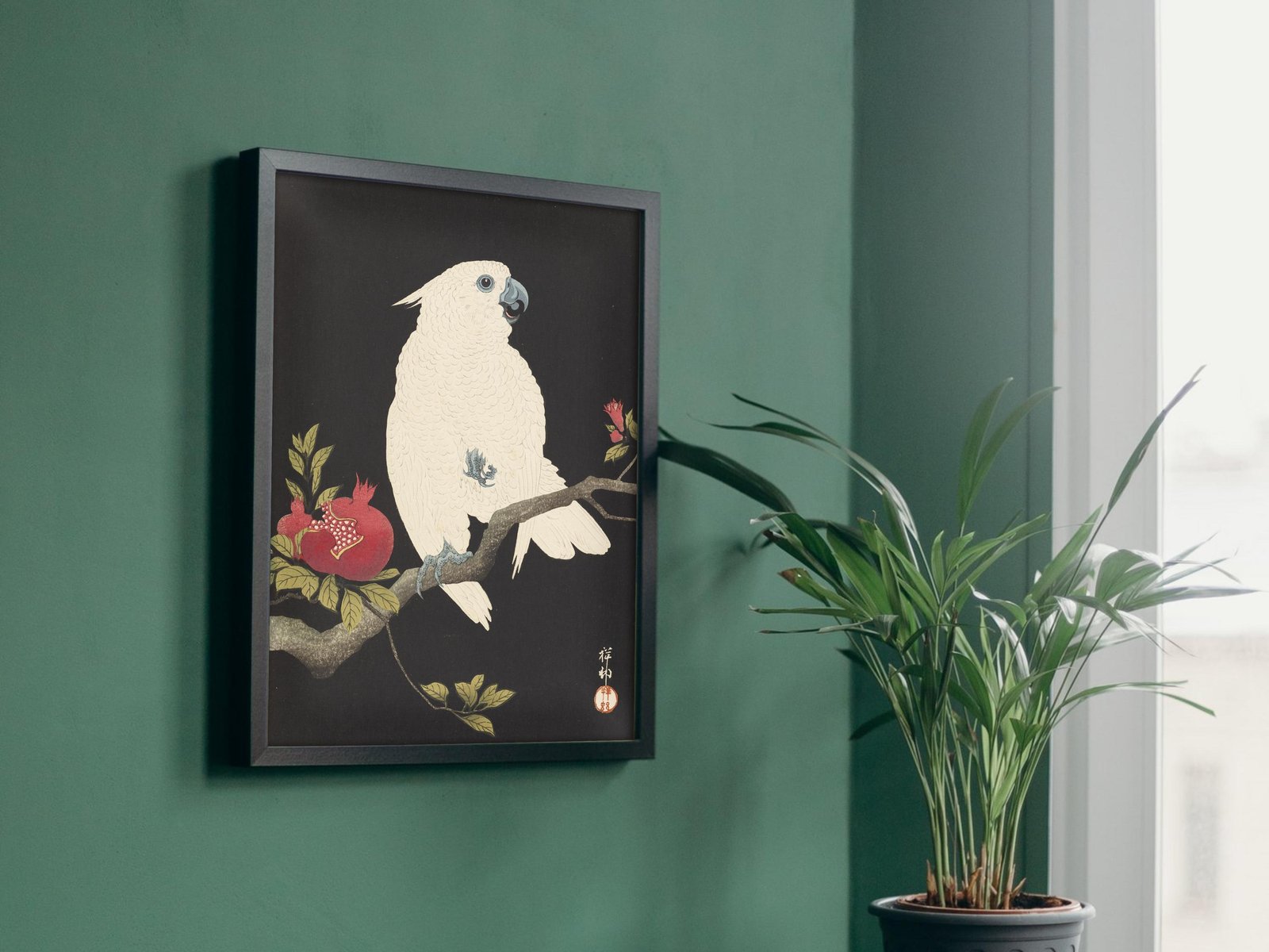 Cockatoo and Pomegranate by Ohara Koson, 1930, Japanese Woodblock Prints, fine art print