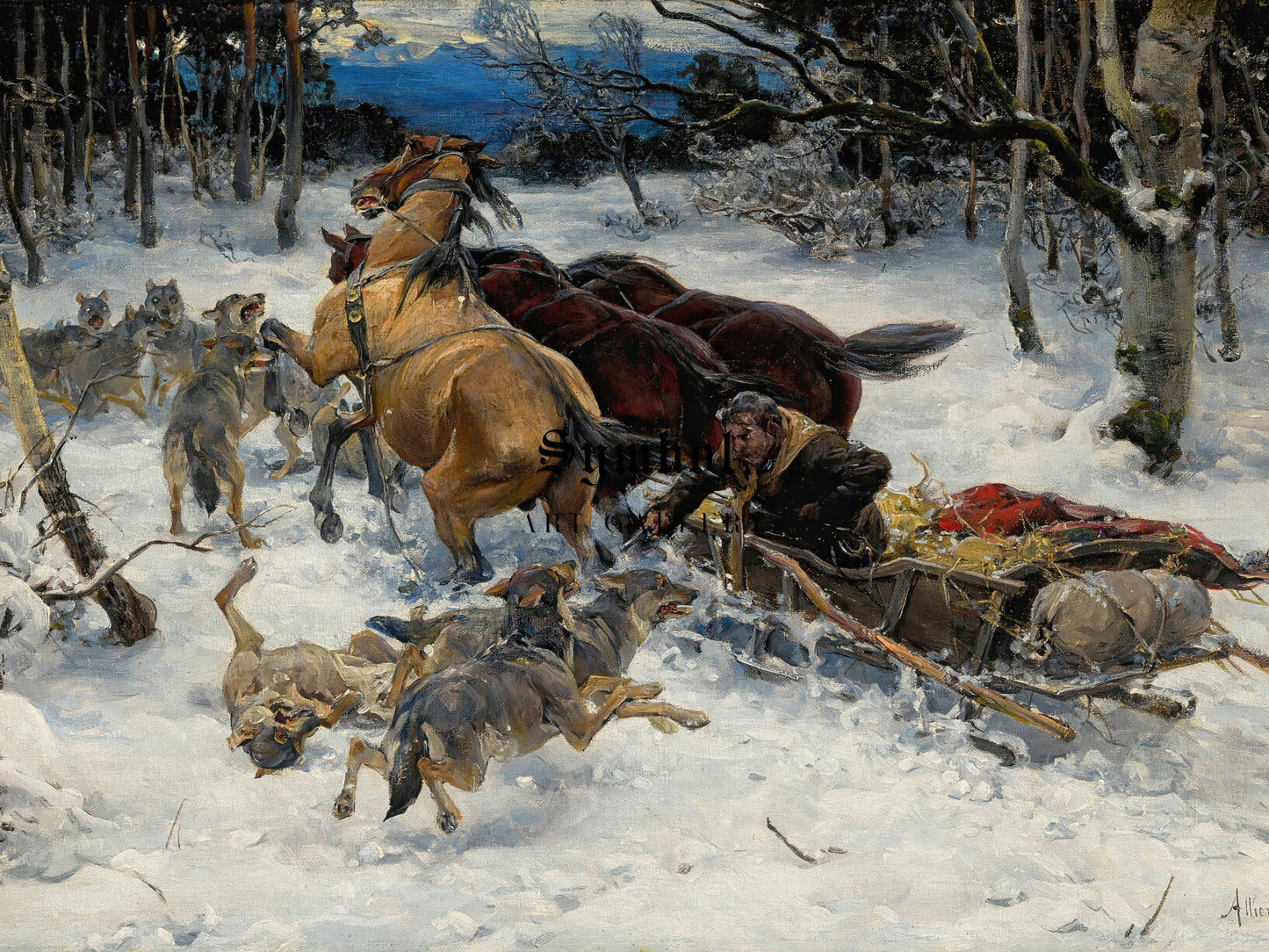 A Sledge Under Attack by Wolves by Alfred von Wierusz Kowalski, Wall Art Print, Fine Art Reproduction, Museum Quality Decor, Poster