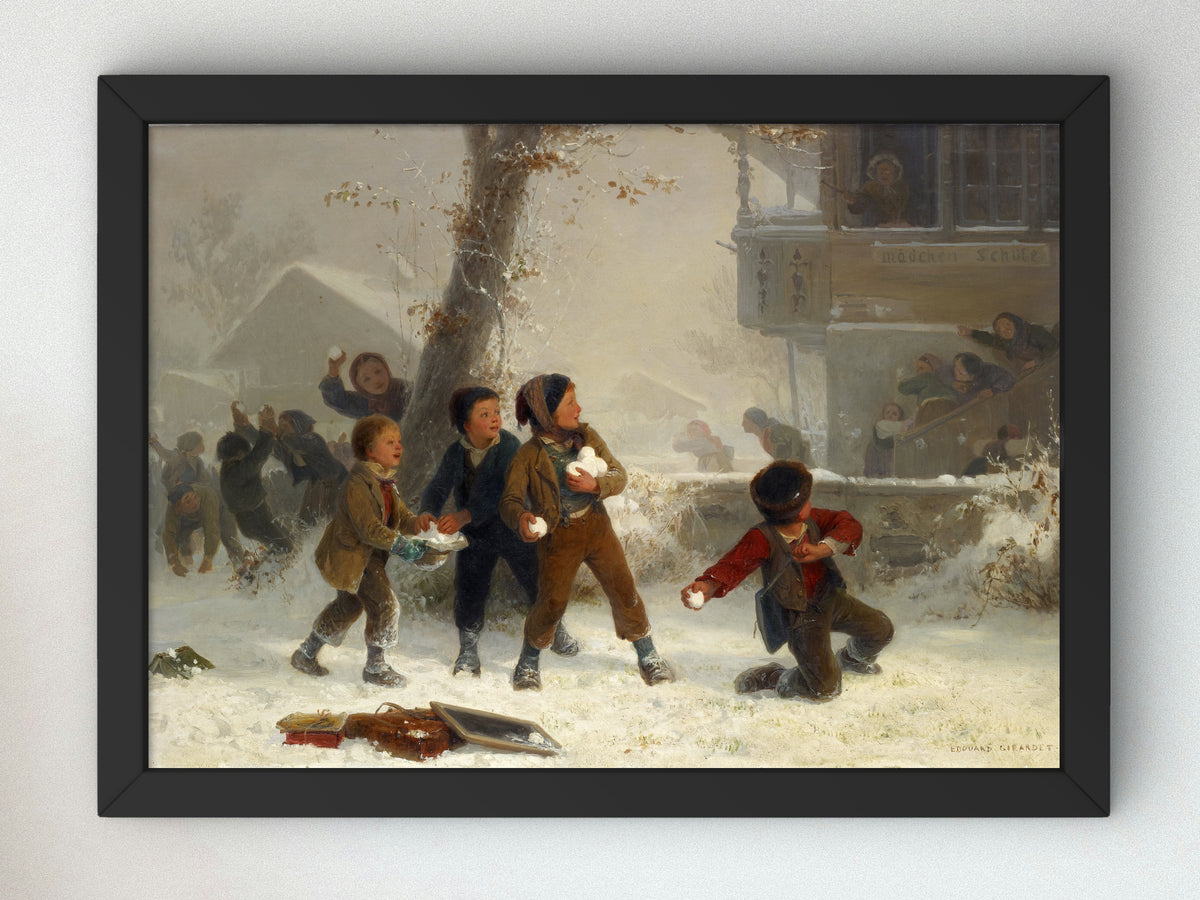 Snowball Fight by Edouard Girardet 1874, Wall Art Print, Fine Art Reproduction, Museum Quality Decor, Poster