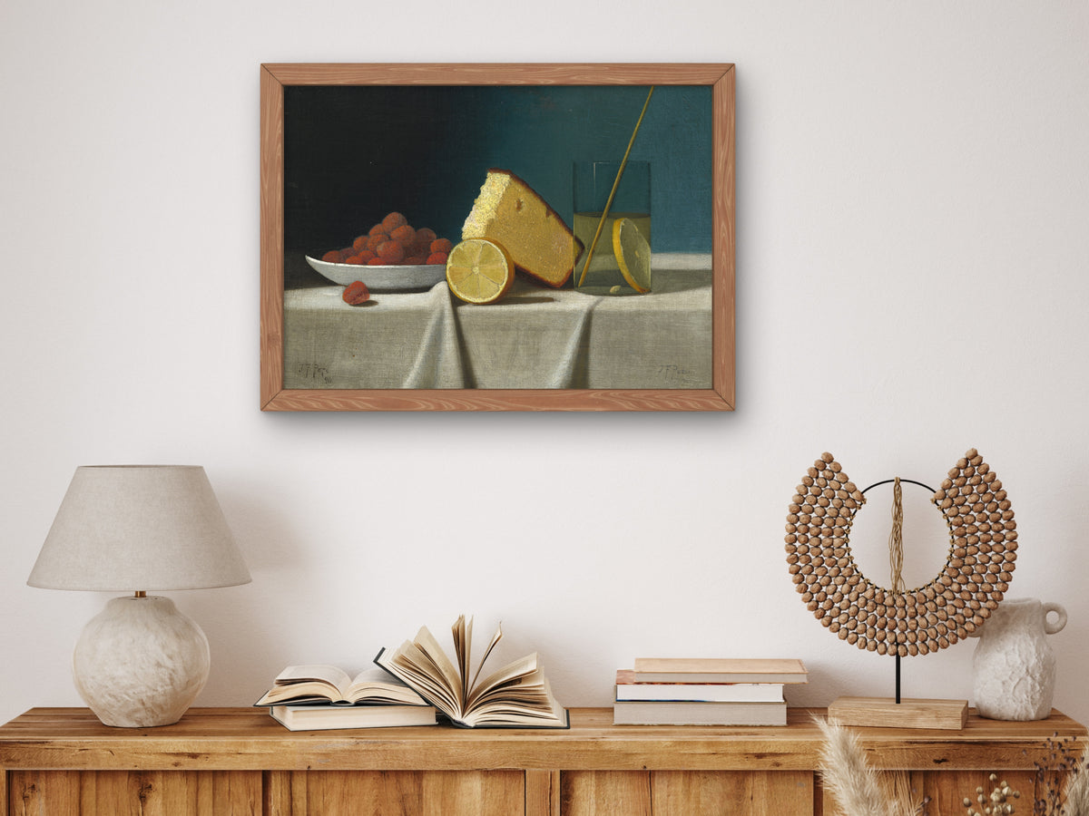 Still Life with Cake, Lemon, Strawberries and Glass by John Frederick Peto 1890, Wall Art Print, Fine Art Reproduction, Museum Quality Decor