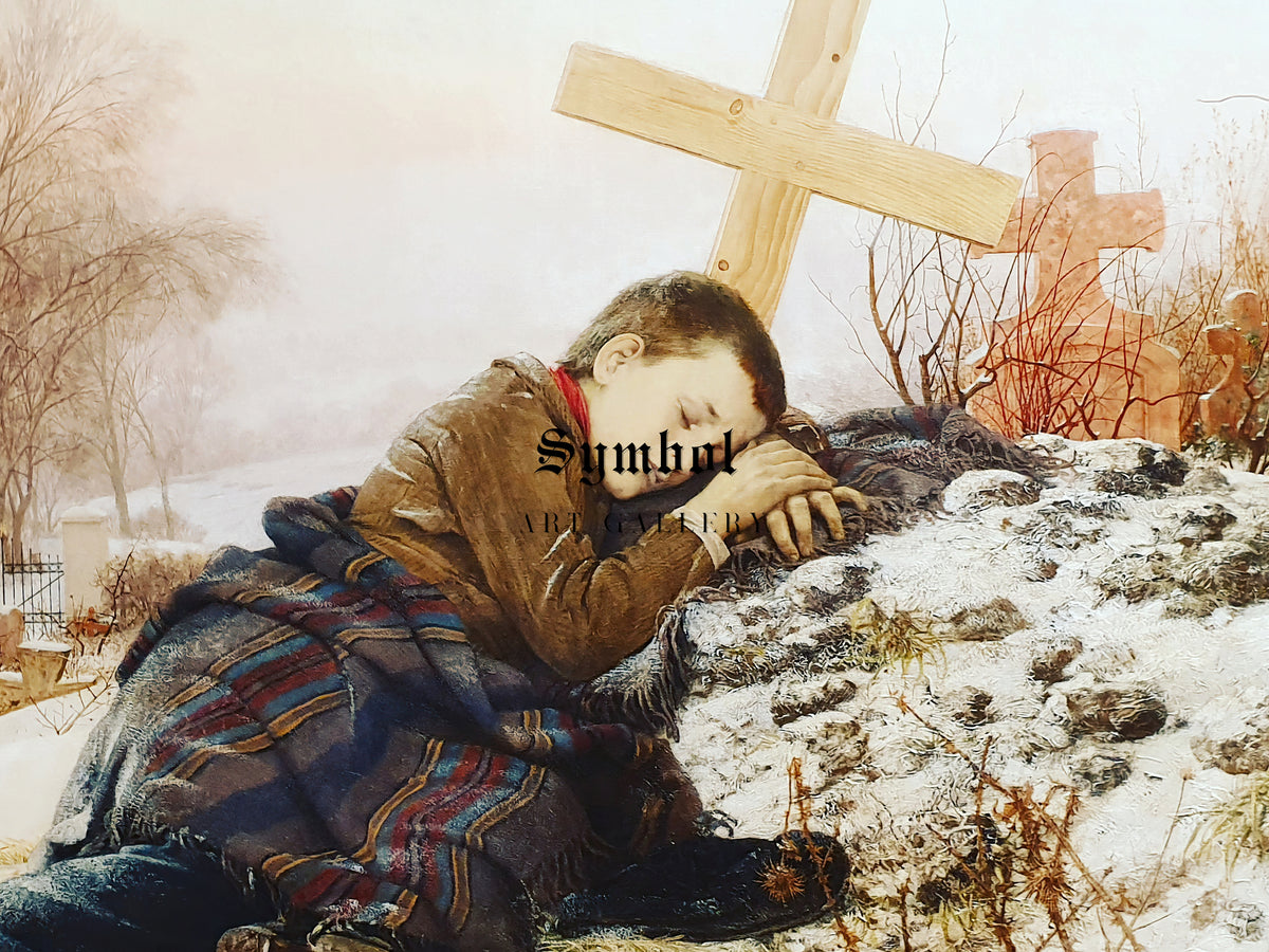 An Orphan on His Mother's Grave by Uroš Predić 1888, Wall Art Print, Fine Art Reproduction, Museum Quality Decor, Poster