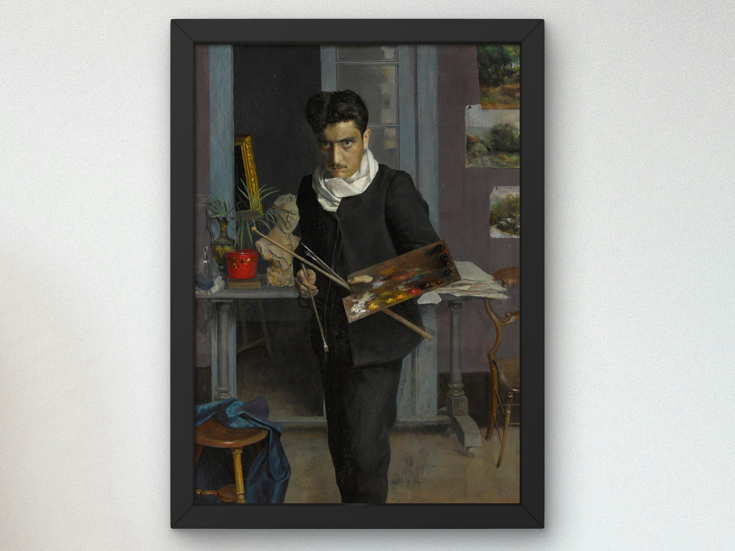 Self Portrait in the Studio by Julio Romero de Torres, Wall Art Print, Fine Art Reproduction, Museum Quality Decor, Poster