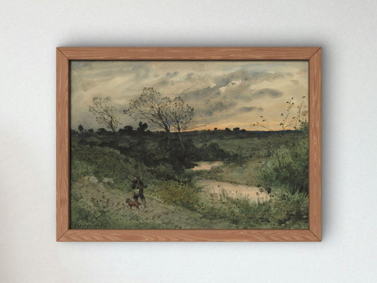 Dawn Hunter with Dog by Henri Joseph Harpignies, 1882, Romanticism and Classical Landscapes, fine art print