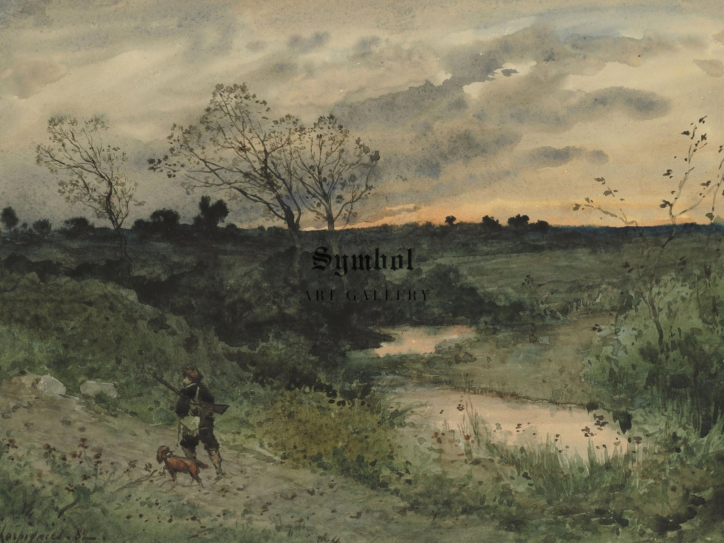Dawn Hunter with Dog by Henri Joseph Harpignies, 1882, Romanticism and Classical Landscapes, fine art print