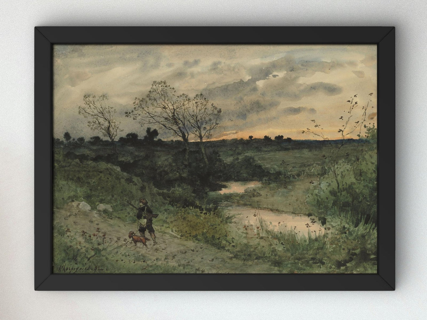 Dawn Hunter with Dog by Henri Joseph Harpignies, 1882, Romanticism and Classical Landscapes, fine art print