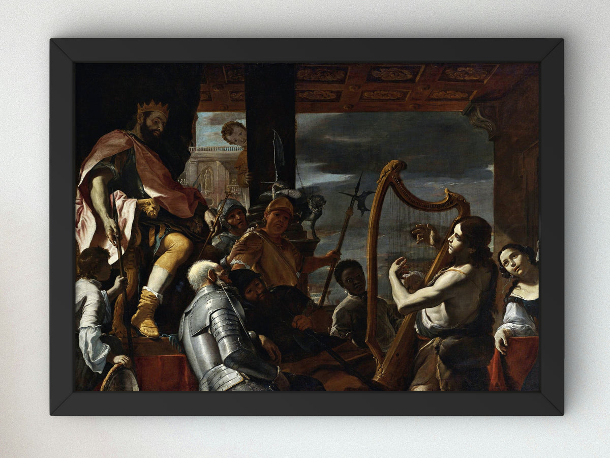 David Playing the Harp Before Saul by Mattia Preti, Wall Art Print, Fine Art Reproduction, Museum Quality Decor, Poster