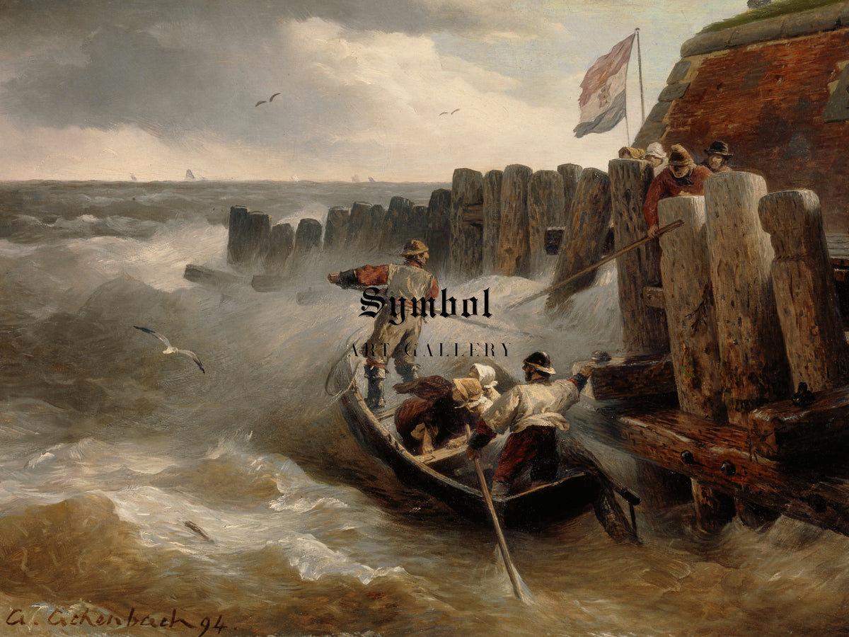 Beach by a Town with Old Tower and Rampart by Andreas Achenbach 1876, Wall Art Print, Fine Art Reproduction, Museum Quality Decor, Poster