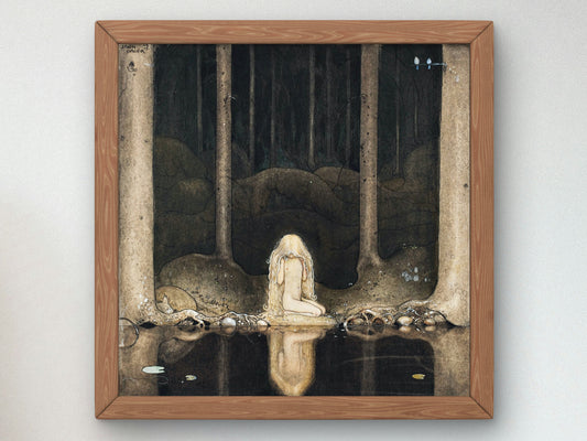 Princess Tuvstarr Gazing Down into the Dark Waters of the Forest Tarn by John Bauer 1913, Wall Art Print, Fine Art Reproduction