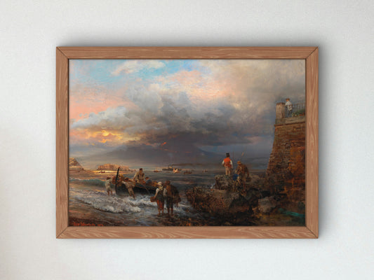 The Bay of Naples with Vesuvius in the Background by Oswald Achenbach, Wall Art Print, Fine Art Reproduction, Museum Quality Decor, Poster