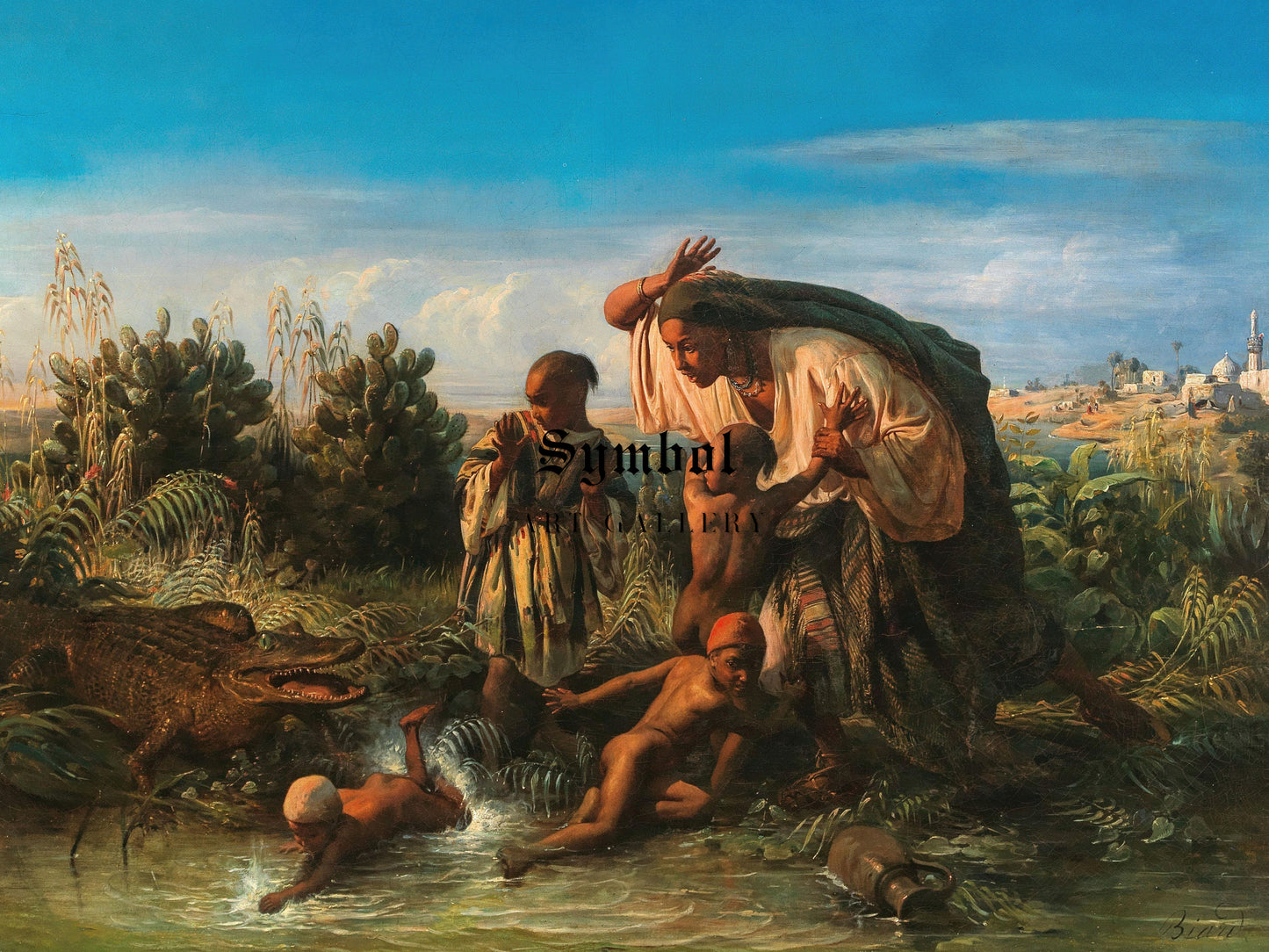 Scene on the Nile, a Family is Attacked by a Crocodile by Francois Auguste Biard, Wall Art Print, Fine Art Reproduction, Museum Quality