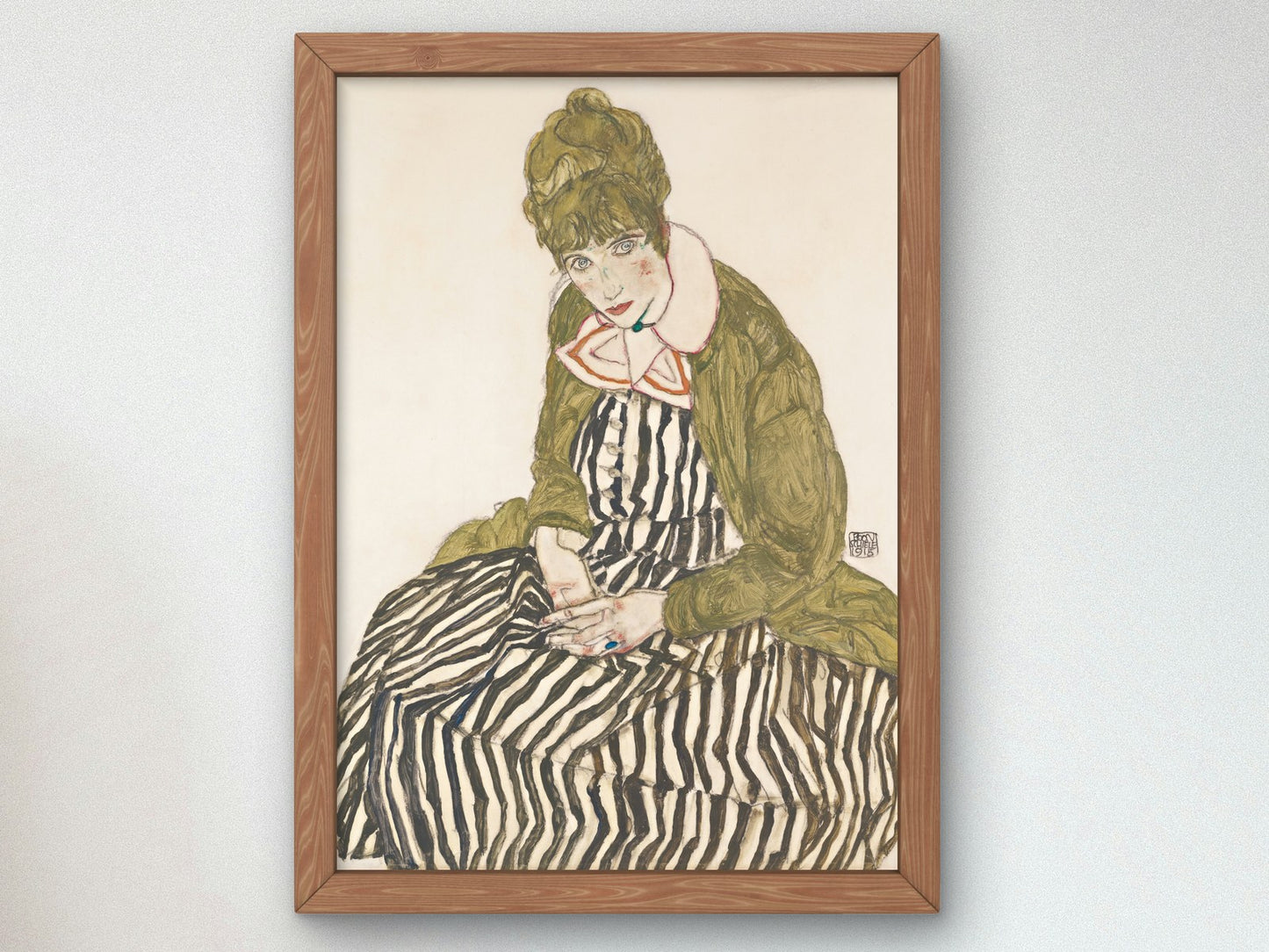 Edith with Striped Dress Sitting by Egon Schiele 1915, Wall Art Print, Fine Art Reproduction, Museum Quality Decor, Poster