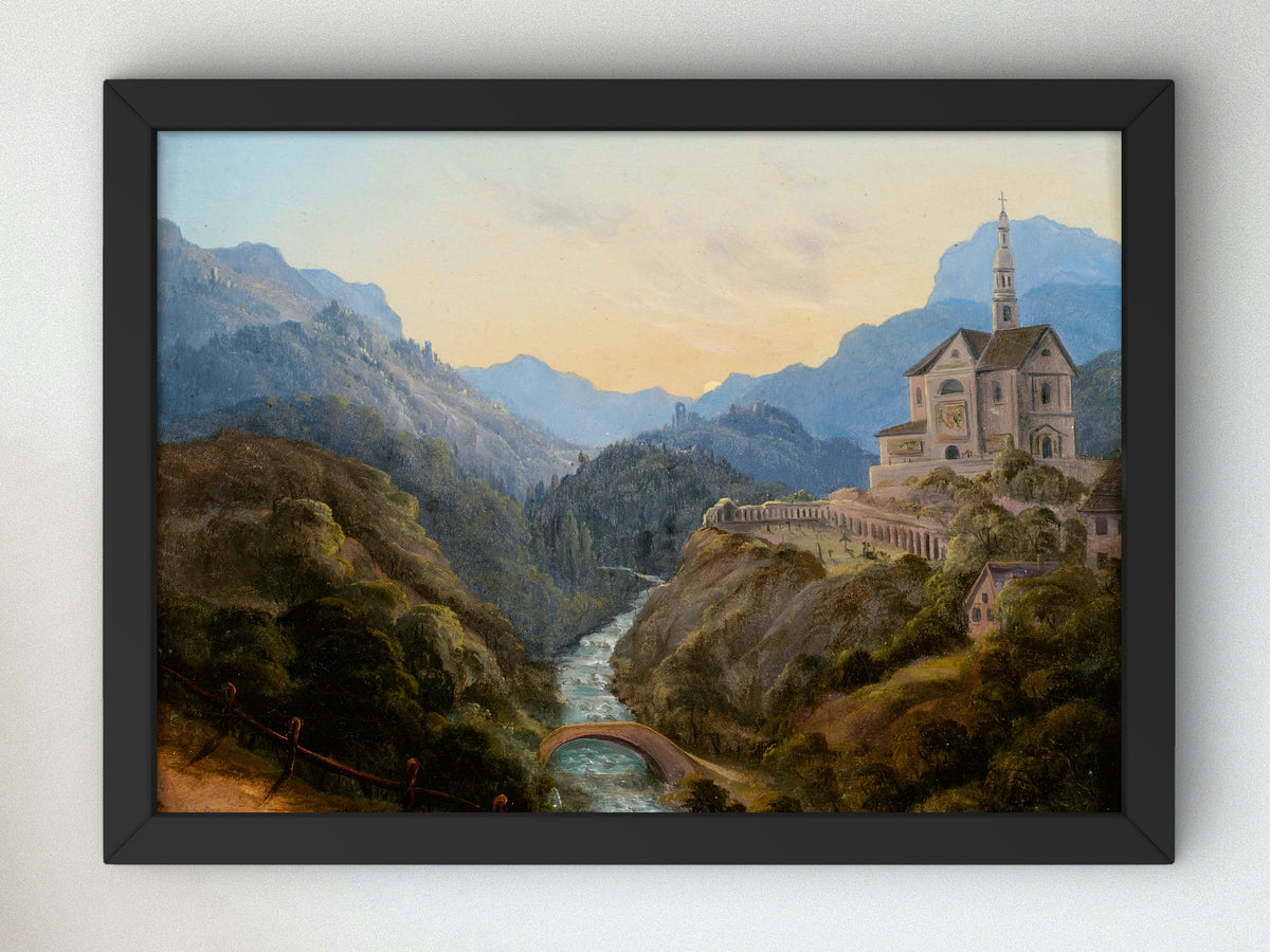 Mountainous Landscape with a River Valley and an Abbey at Evening Light by Carl Gustav Carus, Wall Art Print, Fine Art Reproduction
