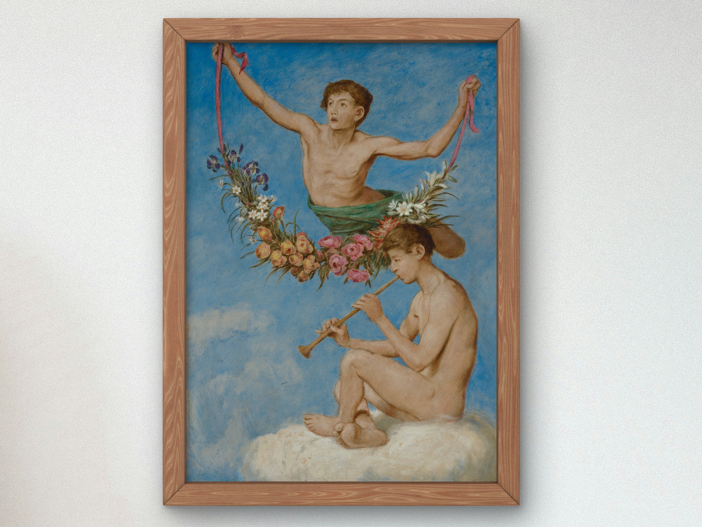 May, Two Youthful Genii with Flowers by Hans Thoma 1906, Wall Art Print, Fine Art Reproduction, Museum Quality Decor, Poster
