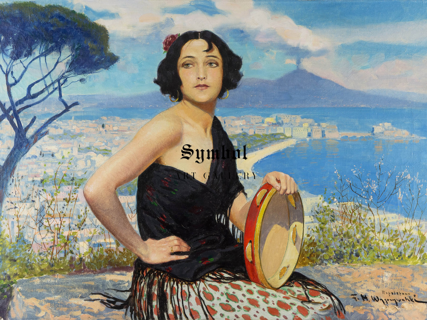 Woman Against the Backdrop of Naples by Feliks Michał Wygrzywalski, Wall Art Print, Fine Art Reproduction, Museum Quality Decor, Poster