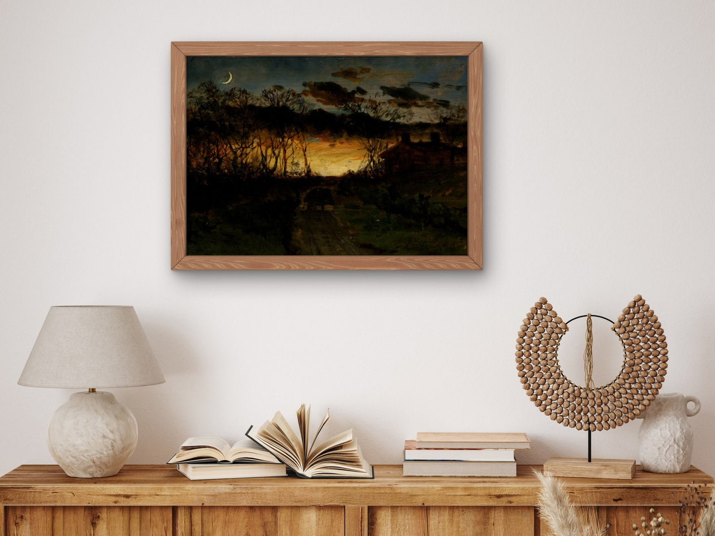 Sunset with Quarter Moon and Farmhouse by Edward Mitchell Bannister 1883, Wall Art Print, Fine Art Reproduction, Museum Quality Decor