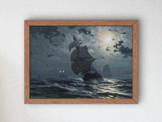 Moonlight on New York Bay by Edward Moran 1876, Wall Art Print, Fine Art Reproduction, Museum Quality Decor, Poster