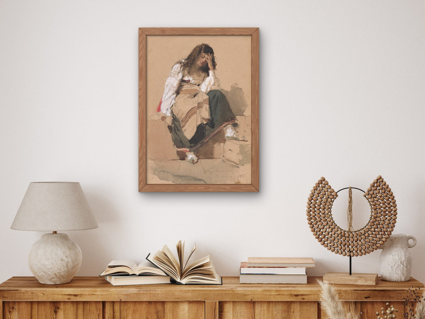 A Seated Peasant Girl in Contemplation by Eleuterio Pagliano 1871, Wall Art Print, Fine Art Reproduction, Museum Quality Decor, Poster