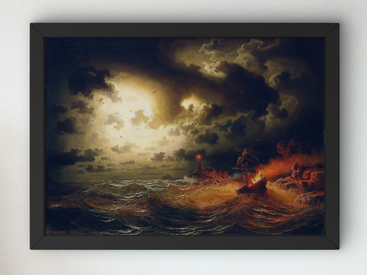 Burning Steamer by Marcus Larson 1858, Wall Art Print, Fine Art Reproduction, Museum Quality Decor, Poster