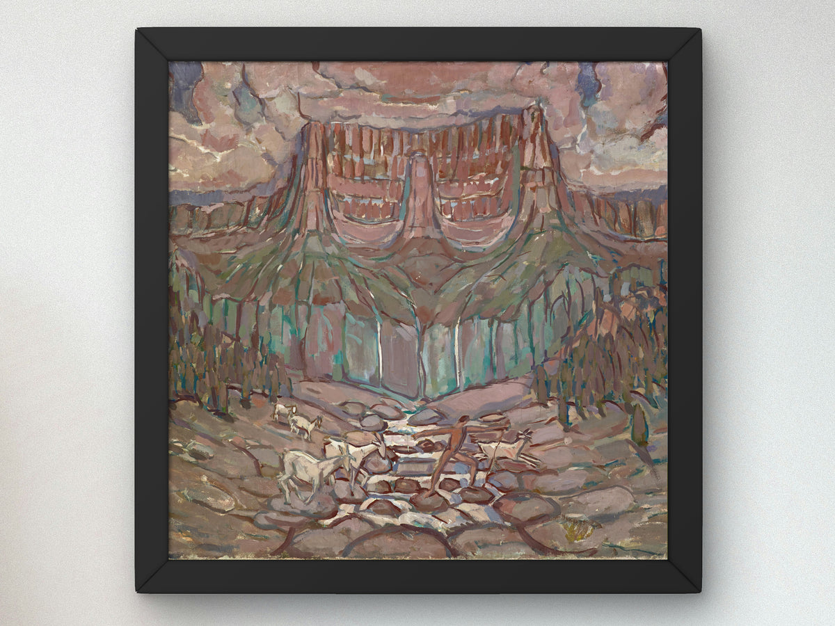 Shepherd and Flock Crossing a River in the Mountains by Carl Burckhardt 1914, Wall Art Print, Fine Art Reproduction, Museum Quality Decor