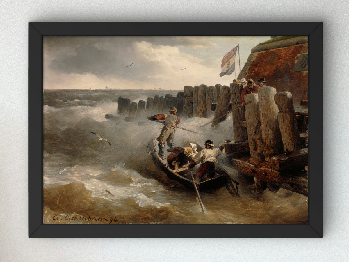 Beach by a Town with Old Tower and Rampart by Andreas Achenbach 1876, Wall Art Print, Fine Art Reproduction, Museum Quality Decor, Poster