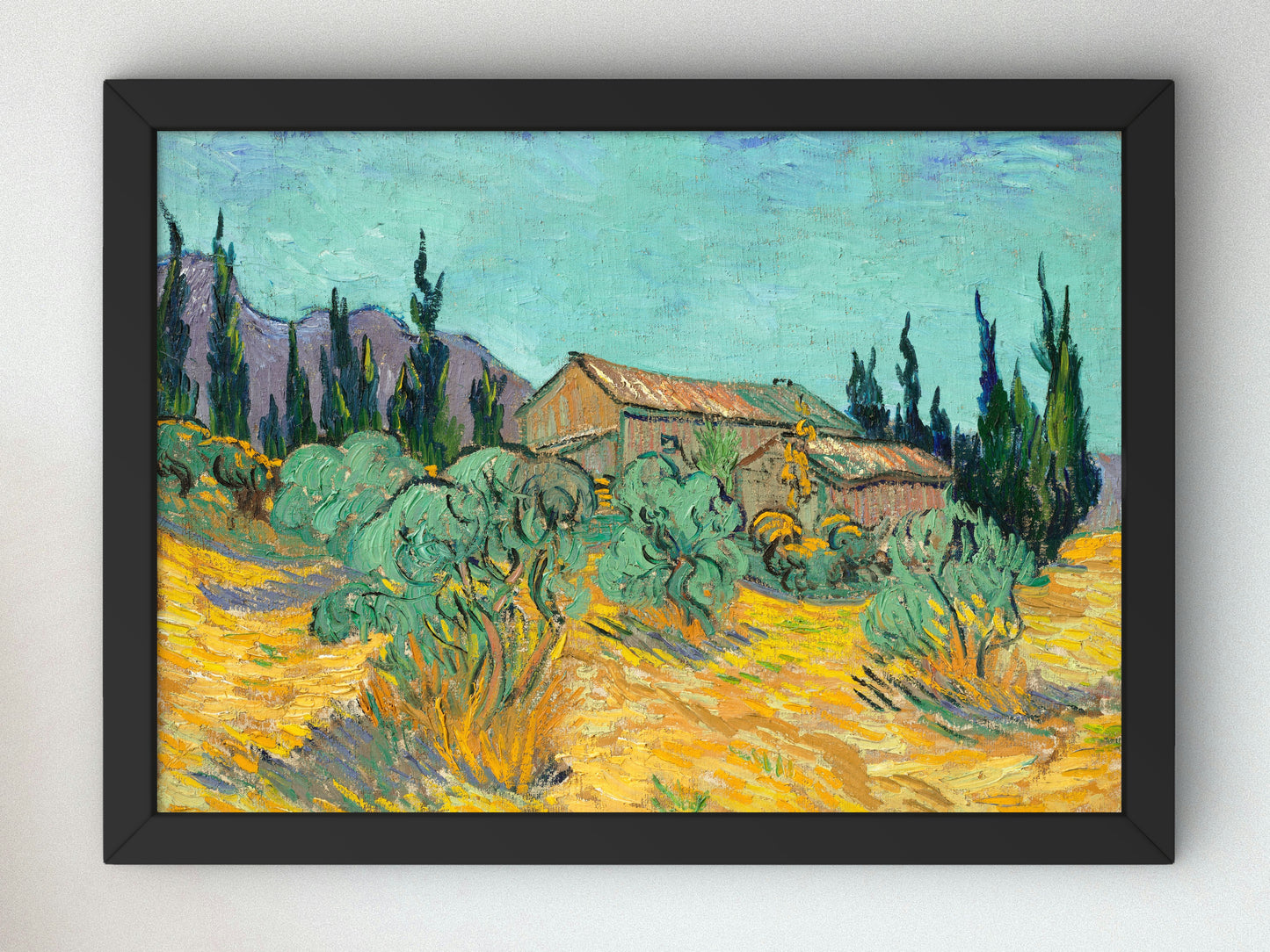 Cabanes de bois parmi les oliviers et cyprès by Vincent van Gogh 1889, Wall Art Print, Fine Art Reproduction, Museum Quality Decor, Poster