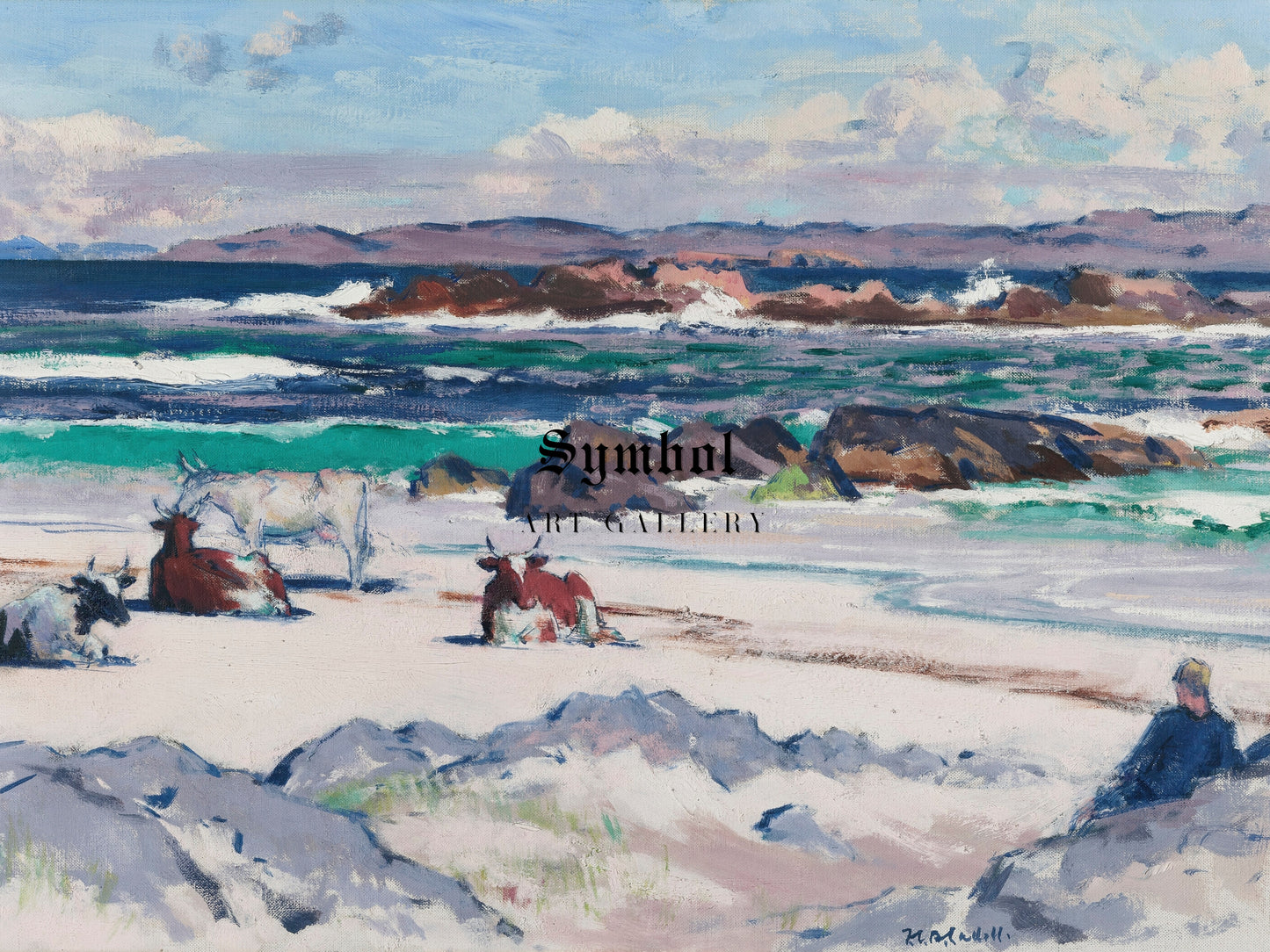 Cattle on the Shore, Iona by Francis Cadell, Wall Art Print, Fine Art Reproduction, Museum Quality Decor, Poster