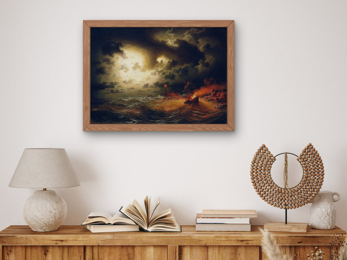 Burning Steamer by Marcus Larson 1858, Wall Art Print, Fine Art Reproduction, Museum Quality Decor, Poster