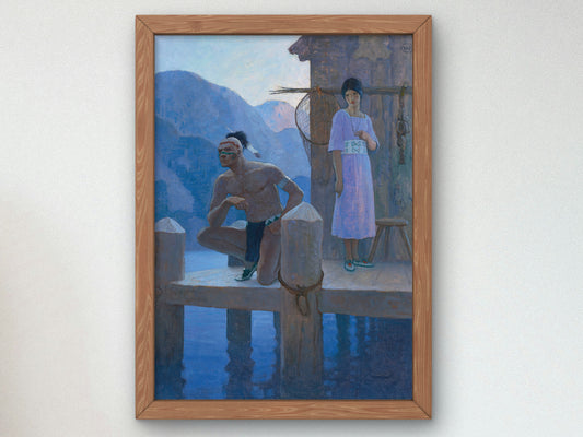 She found Chingachgook studying the shores of the lake, the mountains, and the heavens by Newell Convers Wyeth 1925, Wall Art Print