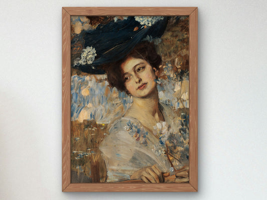 Woman in Black Hat with White Feathers by Ettore Tito 1909, Wall Art Print, Fine Art Reproduction, Museum Quality Decor, Poster