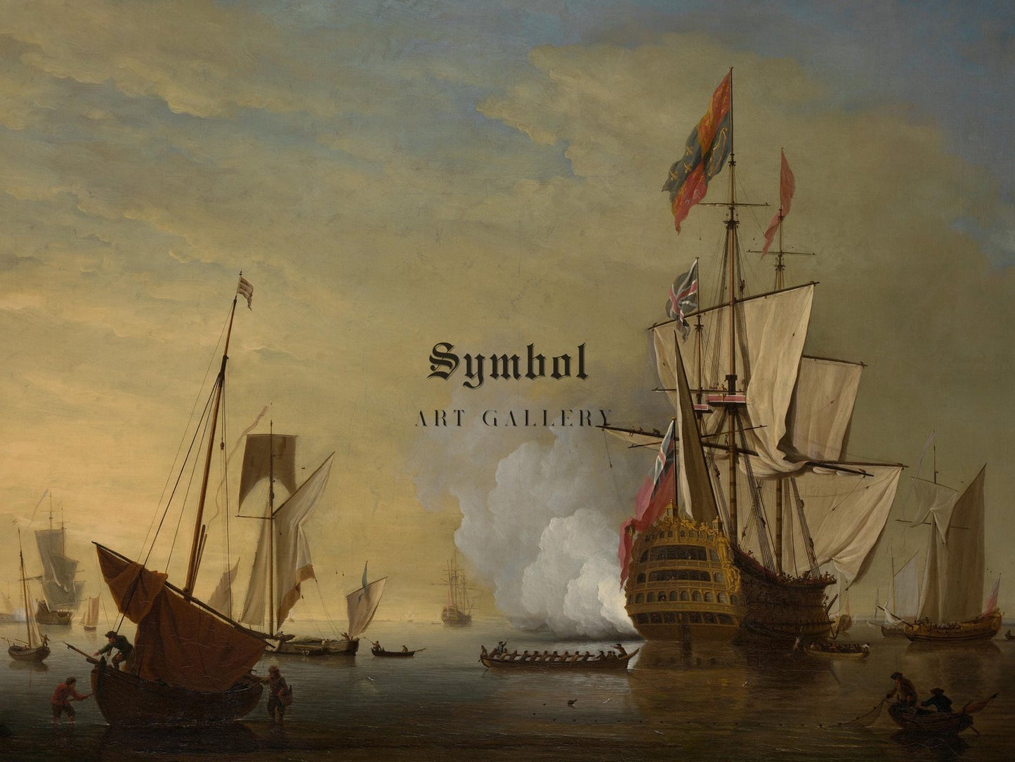 Harbor Scene English Ship Firing Gun by Peter Monamy, 1730, Seascape and Maritime Art, fine art print