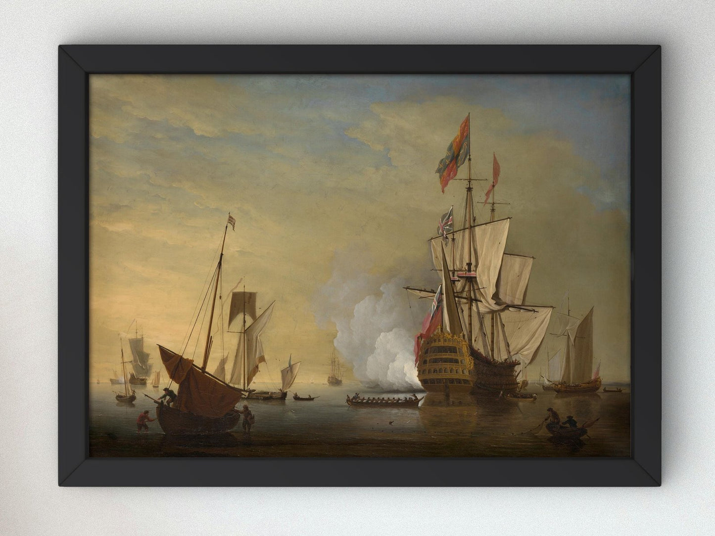 Harbor Scene English Ship Firing Gun by Peter Monamy, 1730, Seascape and Maritime Art, fine art print