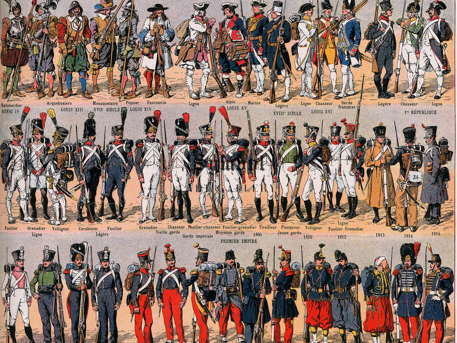 Historical French Infantry Uniforms and Soldiers, Classic Drawings and Etchings, fine art print