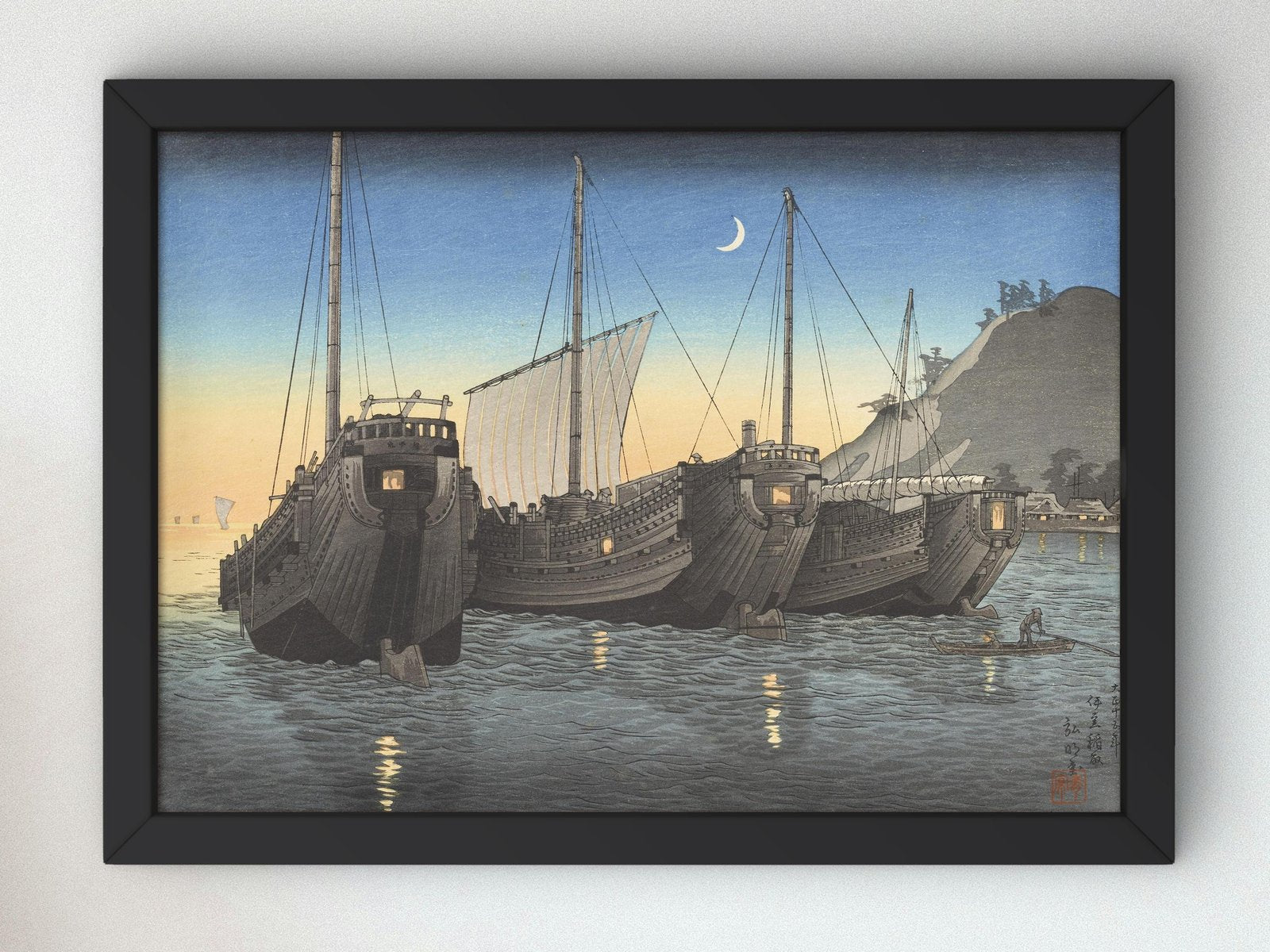 Junks in Inatori Bay, Izu by Takahashi Hiroaki, 1926, Japanese Woodblock Prints, fine art print