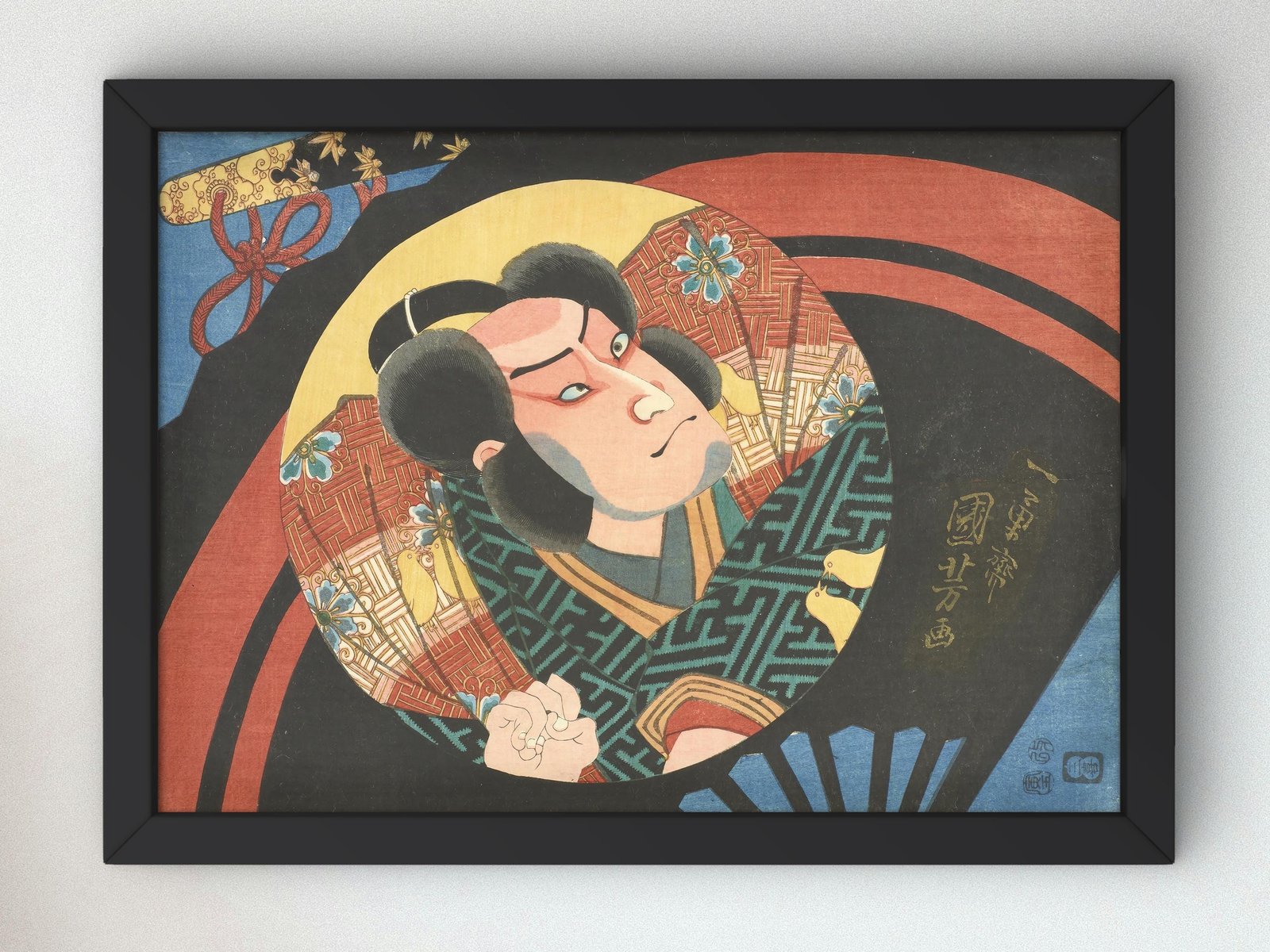 Kabuki actor on folding fan by Utagawa Kuniyoshi, 1856, Japanese Woodblock Prints, fine art print