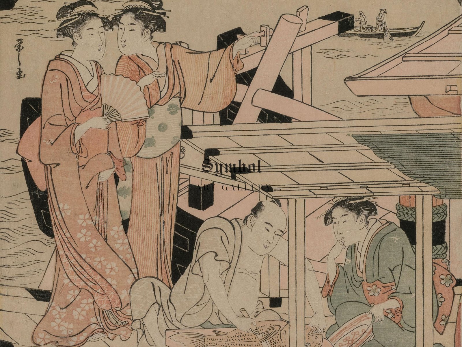 Pleasure Boats on the Sumida River beneath Shin Ohashi Bridge by Chobunsai Eishi, 1792, Japanese Woodblock Prints, fine art print