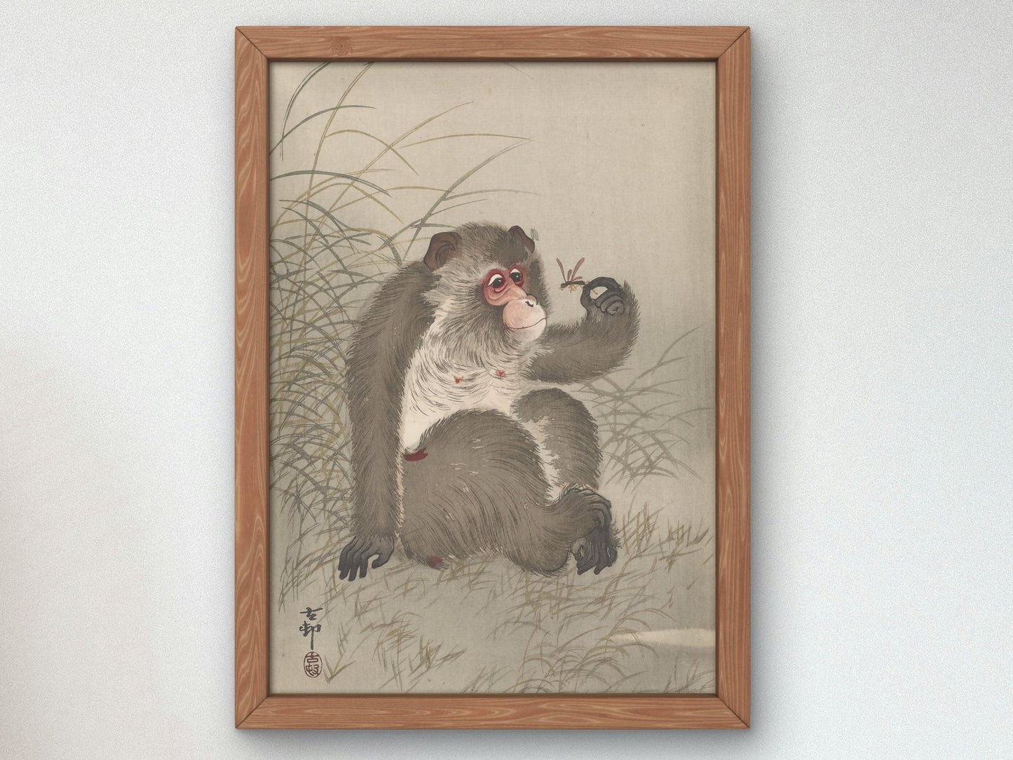 Monkey Studying a Dragonfly in His Hand by Ohara Koson, 1910, Japanese Woodblock Prints, fine art print