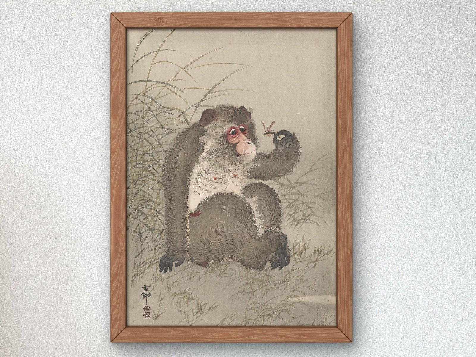 Monkey Studying a Dragonfly in His Hand by Ohara Koson, 1910, Japanese Woodblock Prints, fine art print