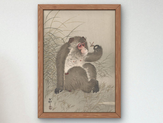 Monkey Studying a Dragonfly in His Hand by Ohara Koson, 1910, Japanese Woodblock Prints, fine art print