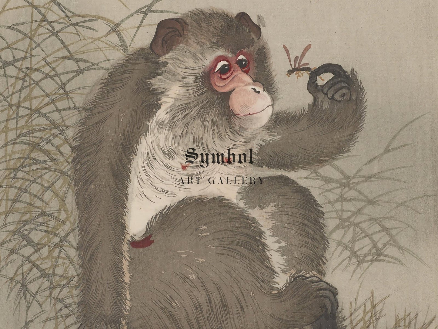 Monkey Studying a Dragonfly in His Hand by Ohara Koson, 1910, Japanese Woodblock Prints, fine art print