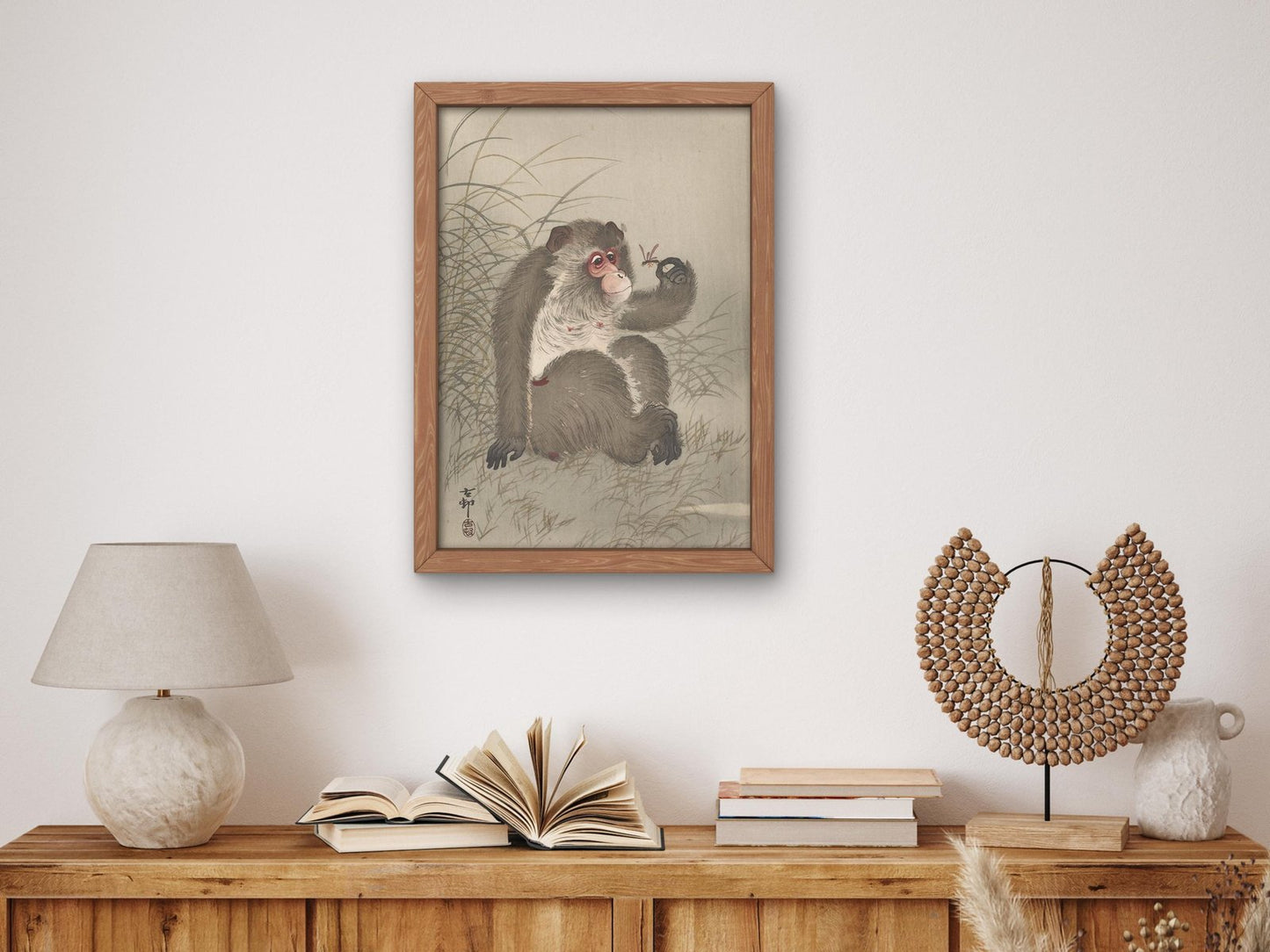 Monkey Studying a Dragonfly in His Hand by Ohara Koson, 1910, Japanese Woodblock Prints, fine art print