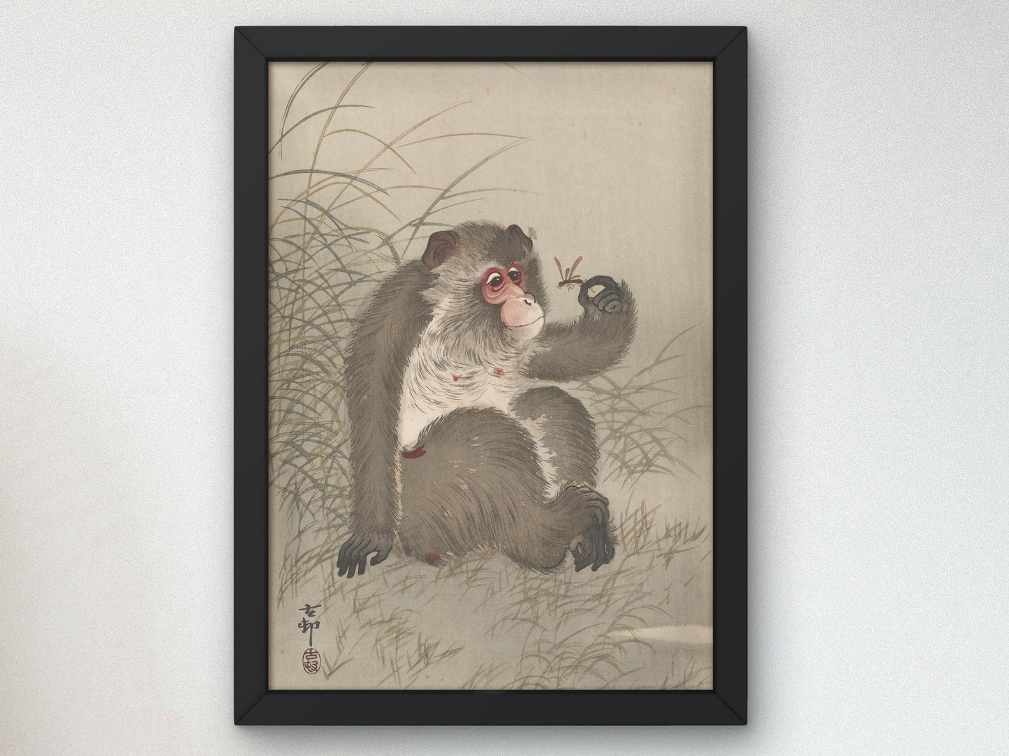 Monkey Studying a Dragonfly in His Hand by Ohara Koson, 1910, Japanese Woodblock Prints, fine art print