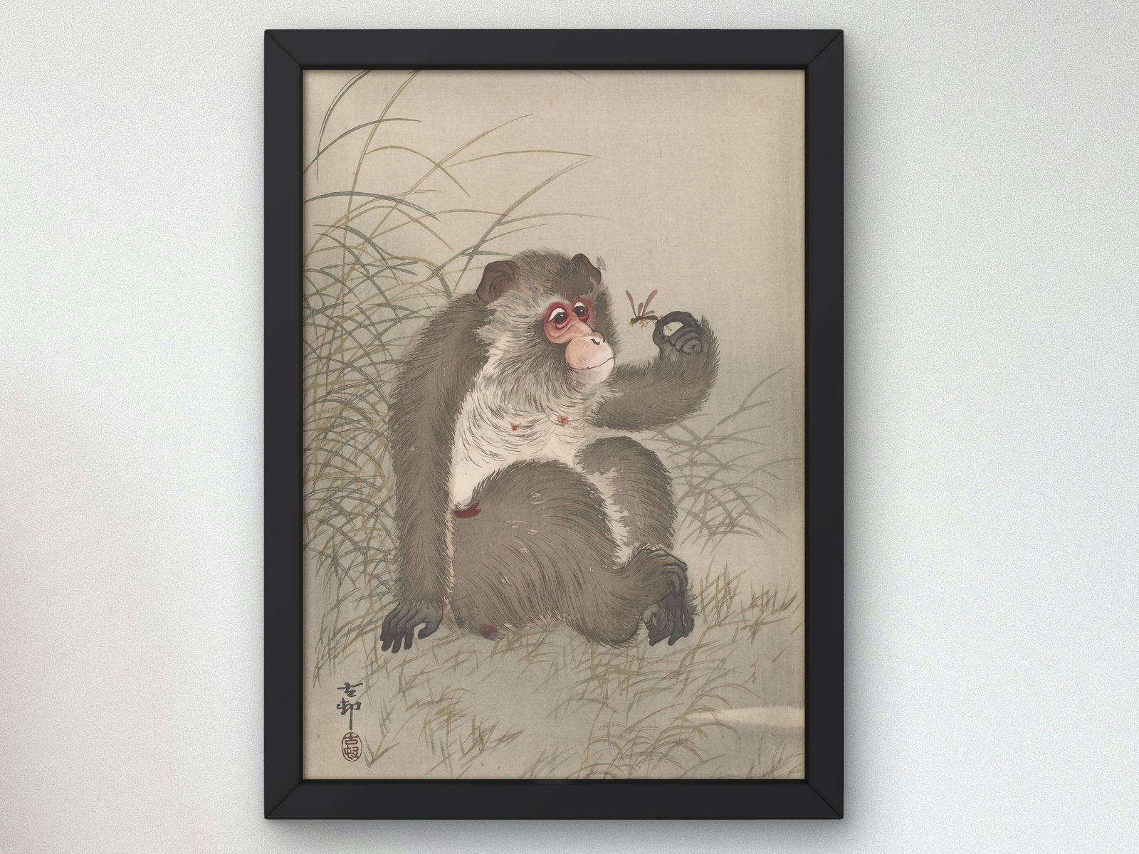 Monkey Studying a Dragonfly in His Hand by Ohara Koson, 1910, Japanese Woodblock Prints, fine art print