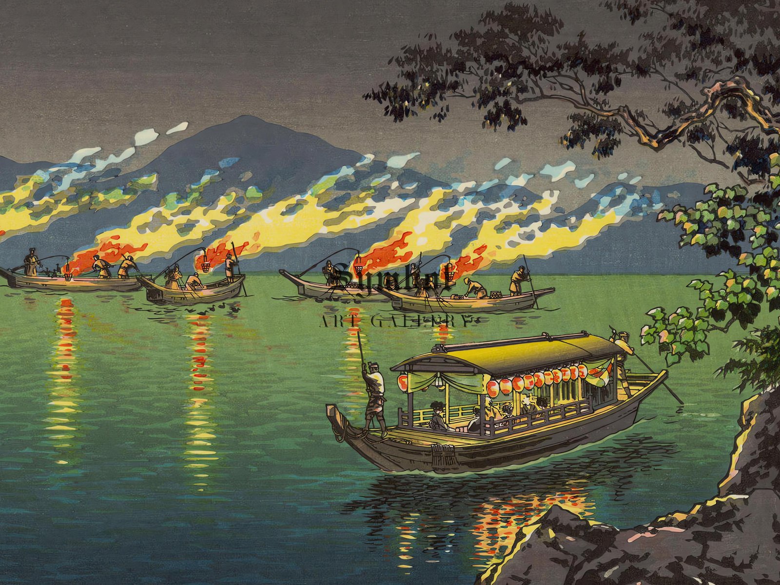 Nagaragawa Cormorant Fishing by Tsuchiya Koitsu, 1935, Japanese Woodblock Prints, fine art print
