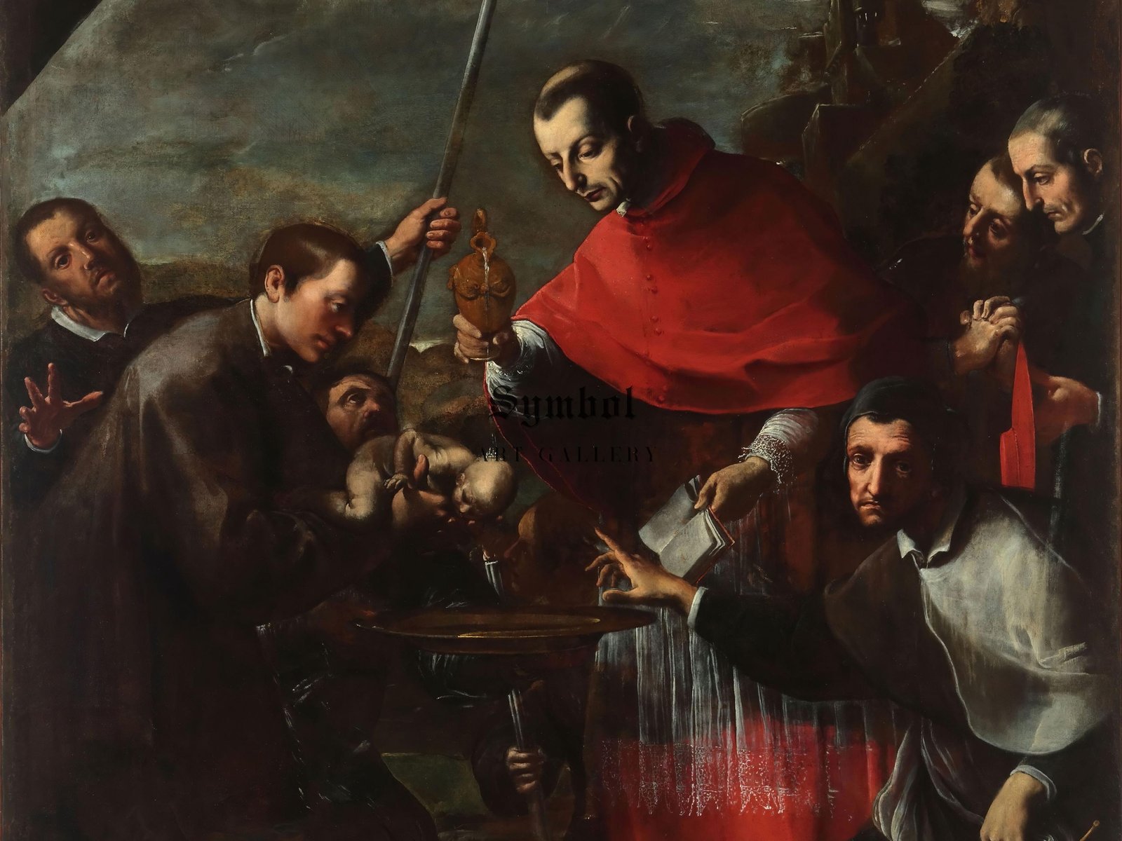 St Charles Borromeo Baptises Baby in Lazaret by Alessandro Tiarini, 1635, Baroque and Chiaroscuro, fine art print