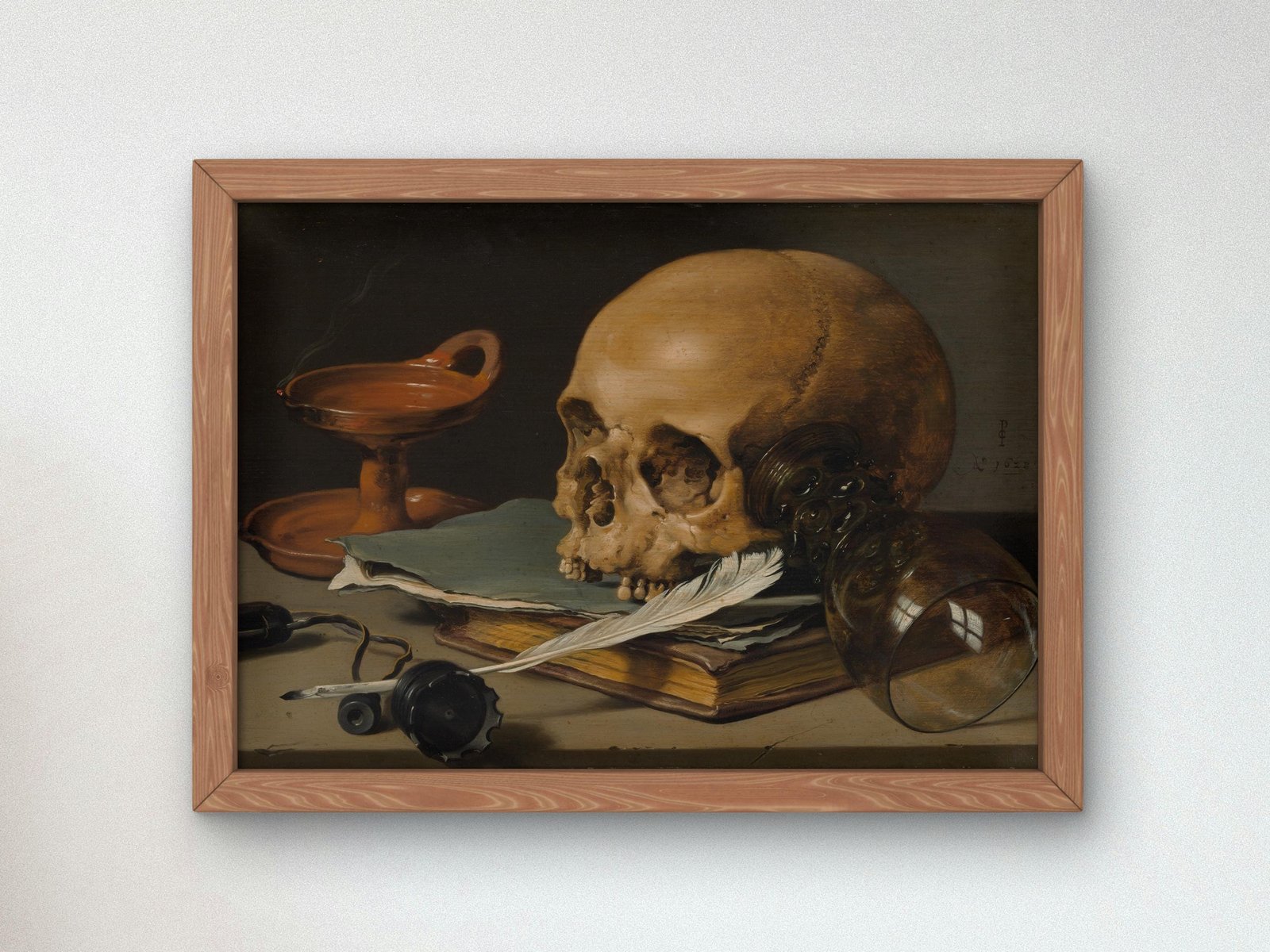 Still Life with Skull and Writing Quill by Pieter Claesz, 1628, Baroque and Chiaroscuro, fine art print
