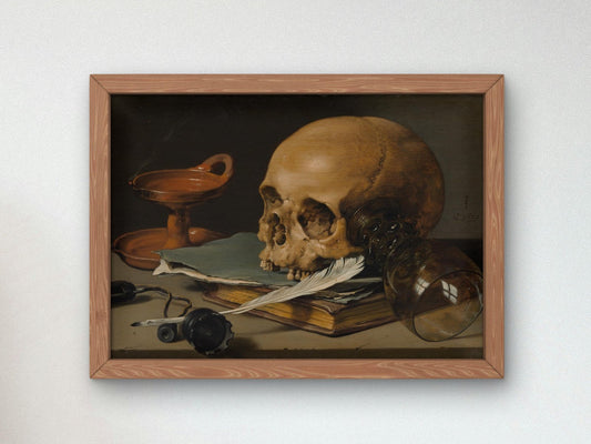 Still Life with Skull and Writing Quill by Pieter Claesz, 1628, Baroque and Chiaroscuro, fine art print