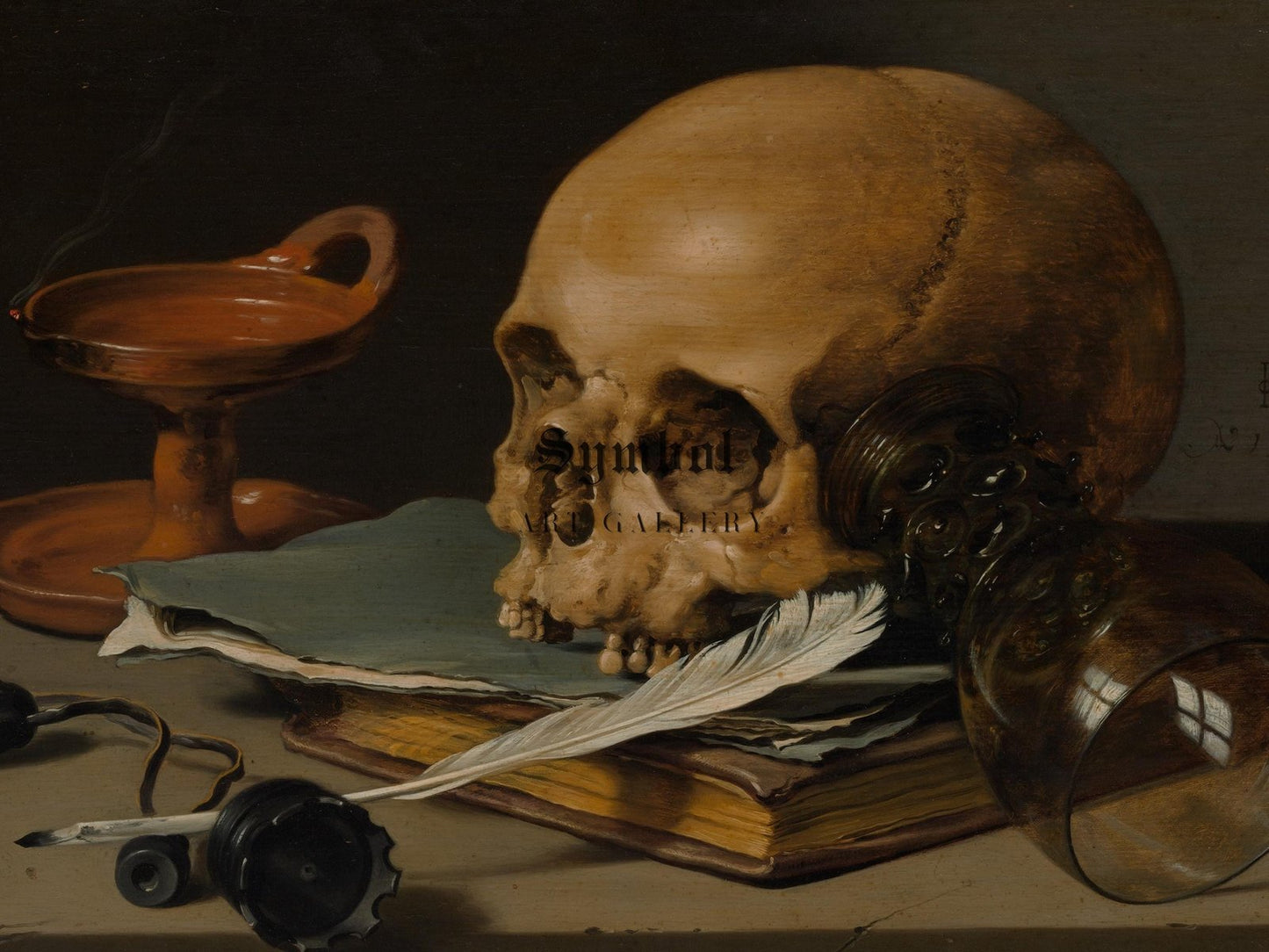 Still Life with Skull and Writing Quill by Pieter Claesz, 1628, Baroque and Chiaroscuro, fine art print