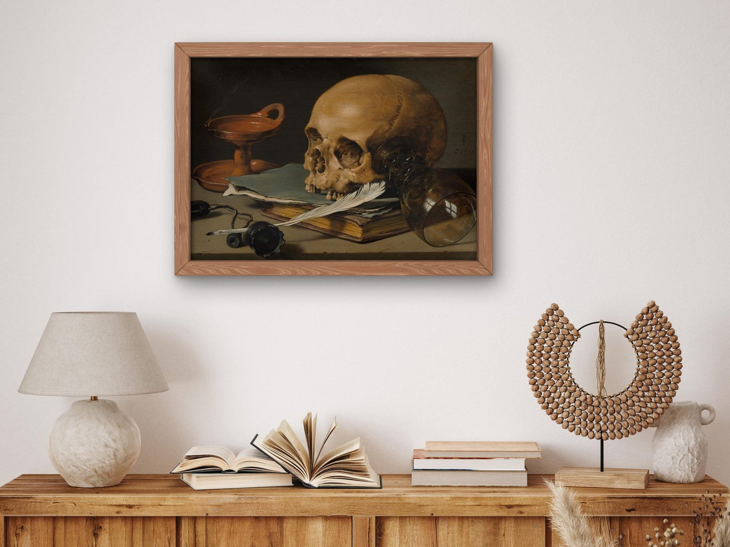 Still Life with Skull and Writing Quill by Pieter Claesz, 1628, Baroque and Chiaroscuro, fine art print